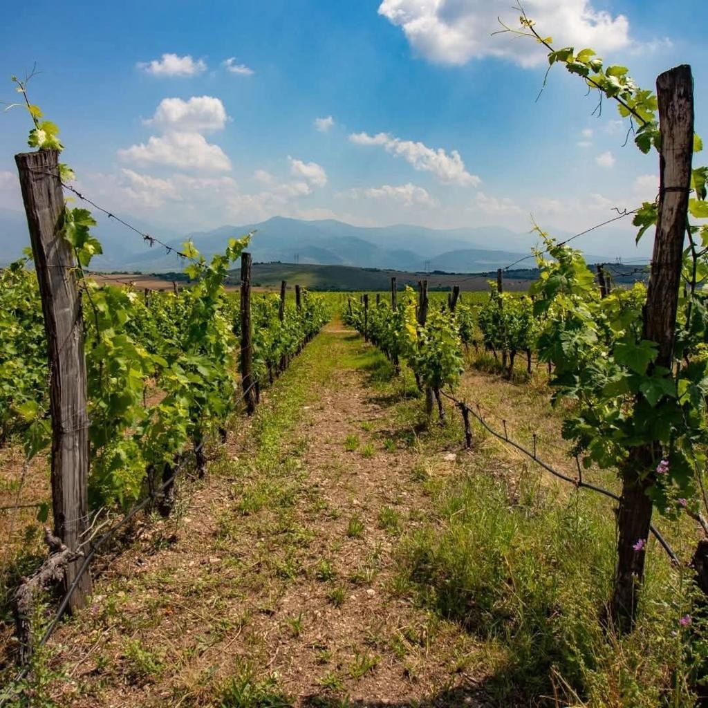 Vineyard rows overlooking the mountains at Domaine Bessa Valley